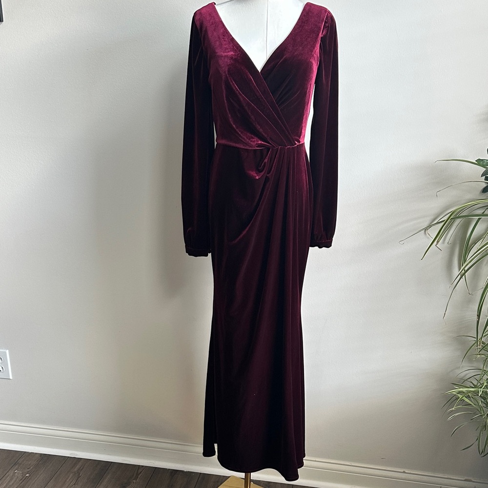 Revelry Womens Velvet Burgundy Long Sleeve‎ Witchy Elegant Split Hem Dress 6